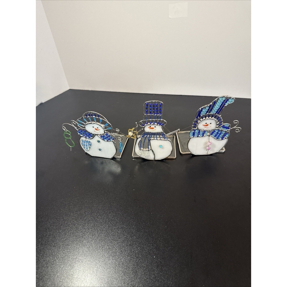 Blue beaded snowman tea light holder Xmas home decor Set Of 3